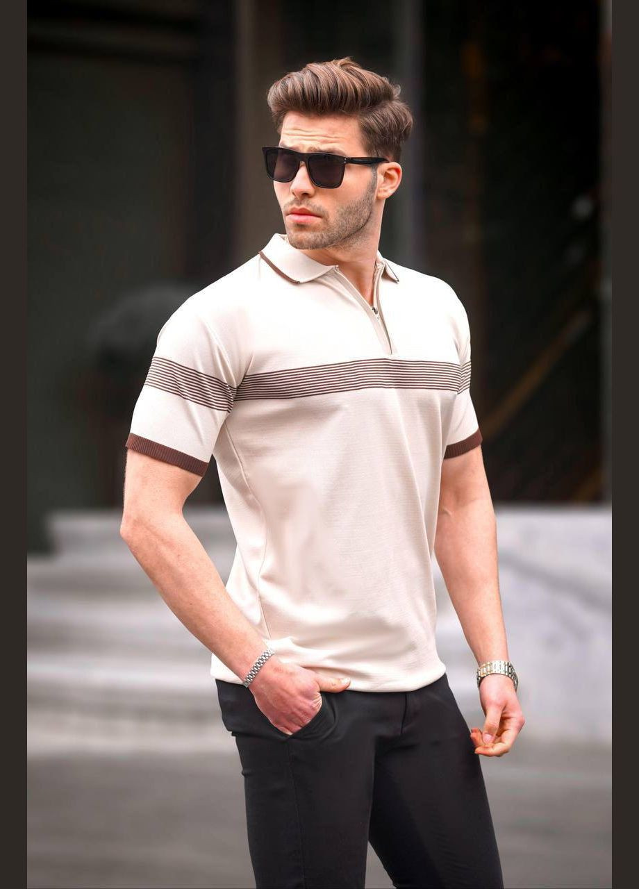Бежева стильна турецька футболка поло з якісної тканини, бежева футболка зі смужками на грудях No Brand 6879