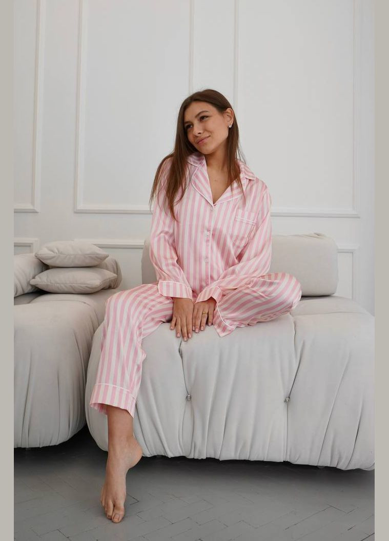 Розовая всесезон пижама женская классическая с кантом п1400 полоска светлая MiaNaGreen