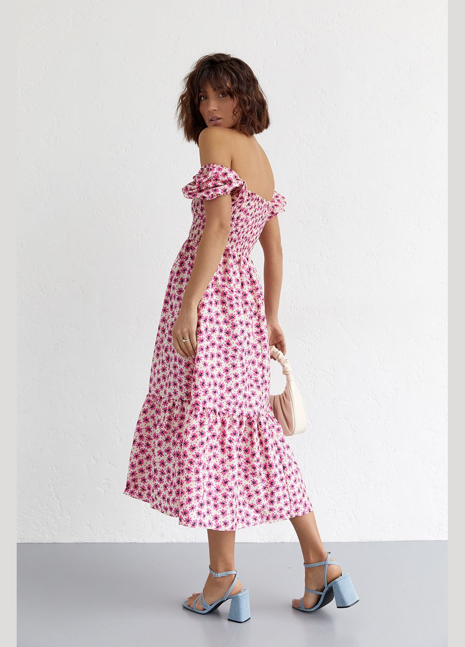 Розовое повседневный платье в мелкие цветы с открытыми плечами 35525 Lurex с цветочным принтом