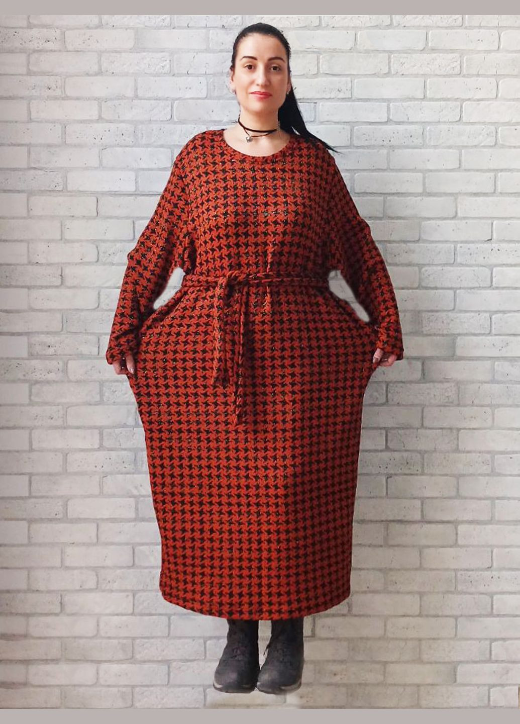 Теракотова повсякденний жіноча тепла сукня великого розміру батал, акрил зима - осінь, гусячі лапки колір теракотовий No Brand з візерунком "гусяча лапка"