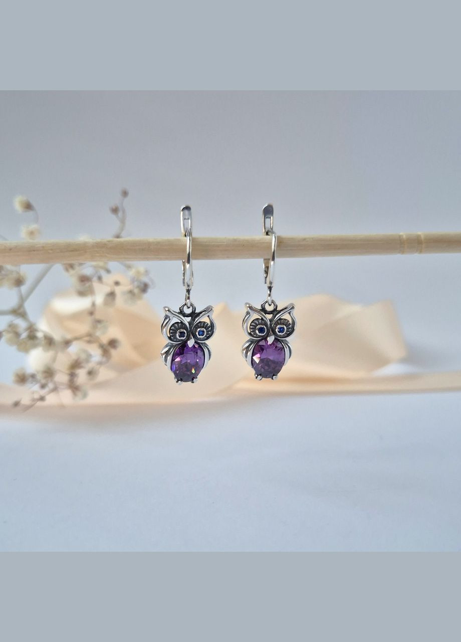 Срібні сережки з підвіскою Сова із Бузковими каменями срібло 925 проби Чорнене 2474 5.74г No Brand (315359656)