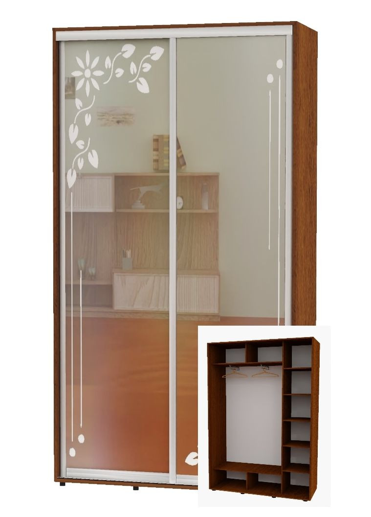 Шафа-купе дводверна 150*45*220 Горіх лісовий Дзеркало з піскострумним малюнком Алекса (360474374)
