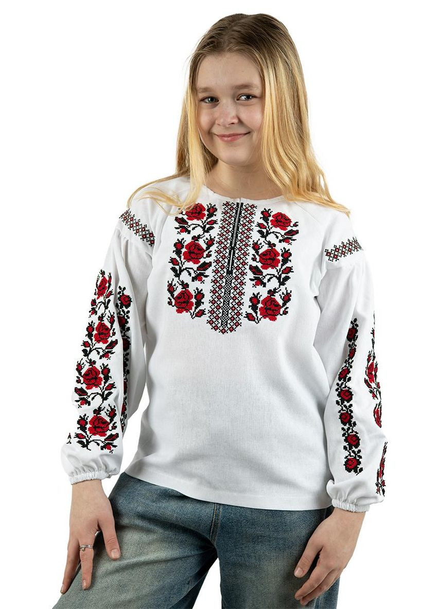 Белая вышиванка блузка льняная для девочки орнамент с розами. Україна лен (322055110)