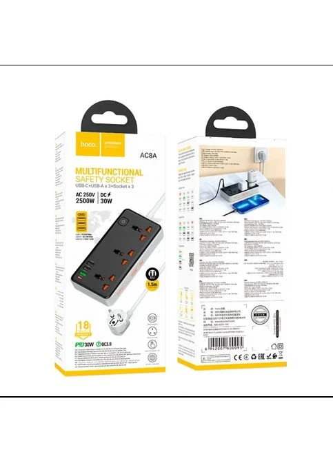 Сетевое зарядное устройство удлинитель AC8A 3 USB/ Type-C 3 розетки 1,5m PD/QC, 3A/30W Hoco (402276620)