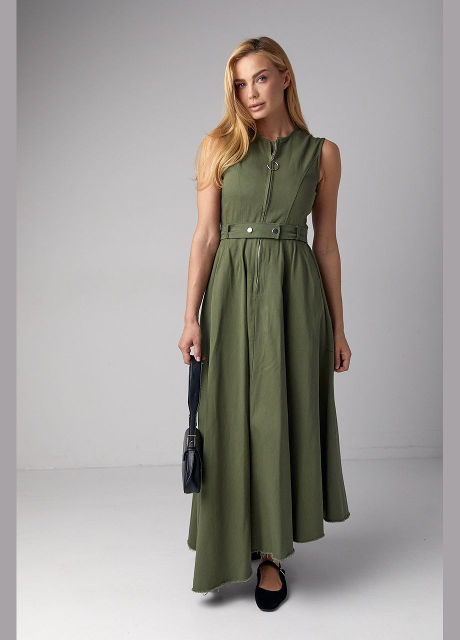 Оливкова (хакі) сукня максі з блискавкою та асиметричним подолом Lurex
