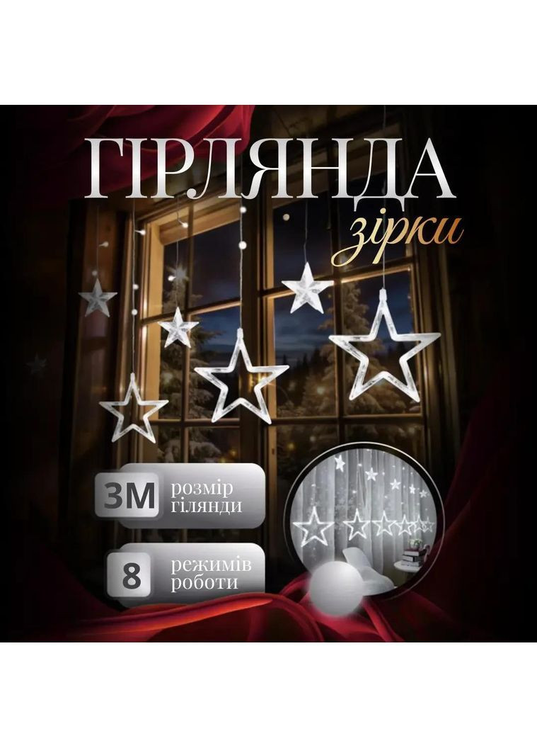 Електрична гірлянда Зірка штора 3 метри на вікно для фотозон біла WYF11W No Brand (369478095)