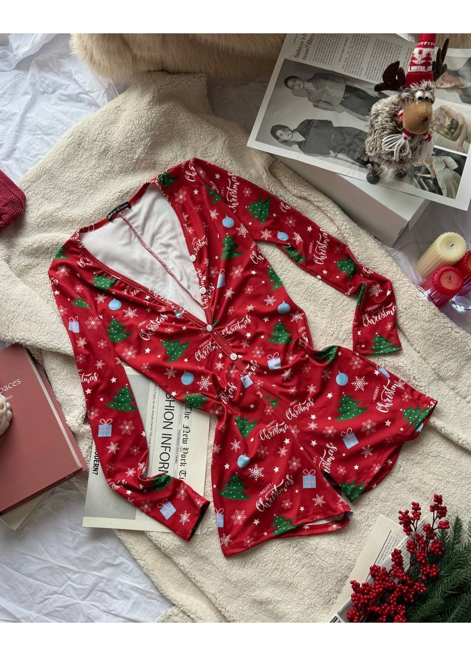 Червона жіночий новорічний комбінезон з принтом оленів та ялинок No Brand