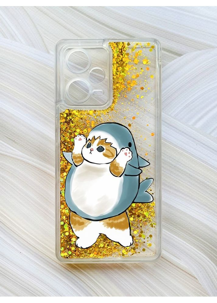 Чехол с плавающими блестками на Xiaomi Redmi Note 12 Pro Plus Золотой Котик акула (принт 379) Creative (360685543)