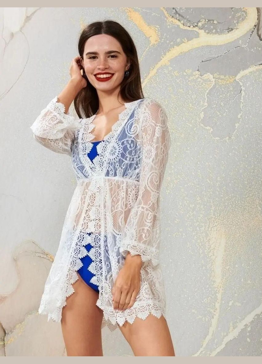 Жіноча літня пляжна туніка надія кімоно ажурна коротка MEREJIO біла No Brand (332813683)