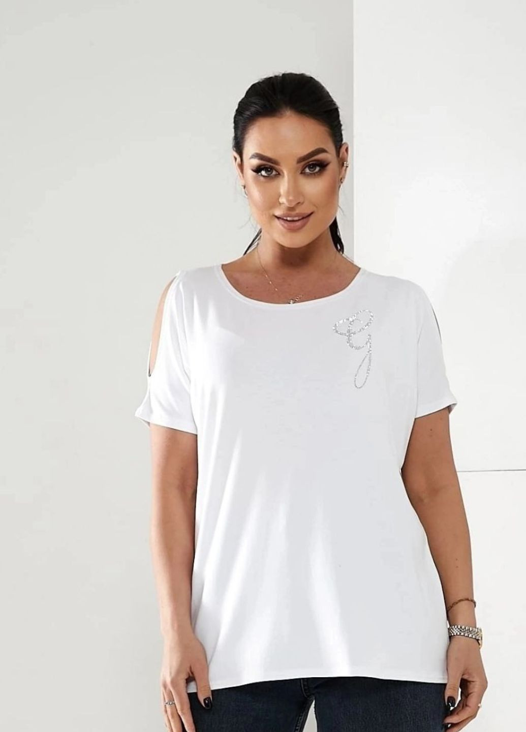 Белая летняя удлиненная футболка с разрезами на рукавах с коротким рукавом No Brand