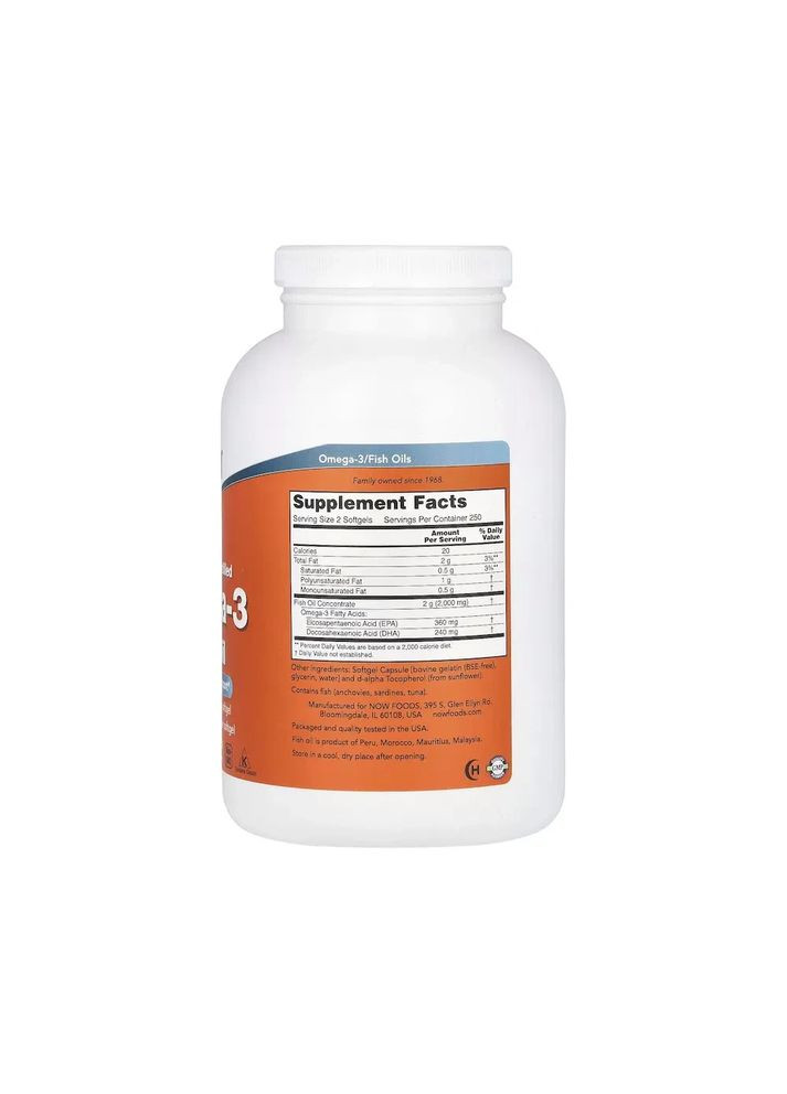 Омега-3 180 ЕПК/120 ДГК Omega-3 180 EPA/120 DHA 500 желатинових капсул Now Foods (361116111)