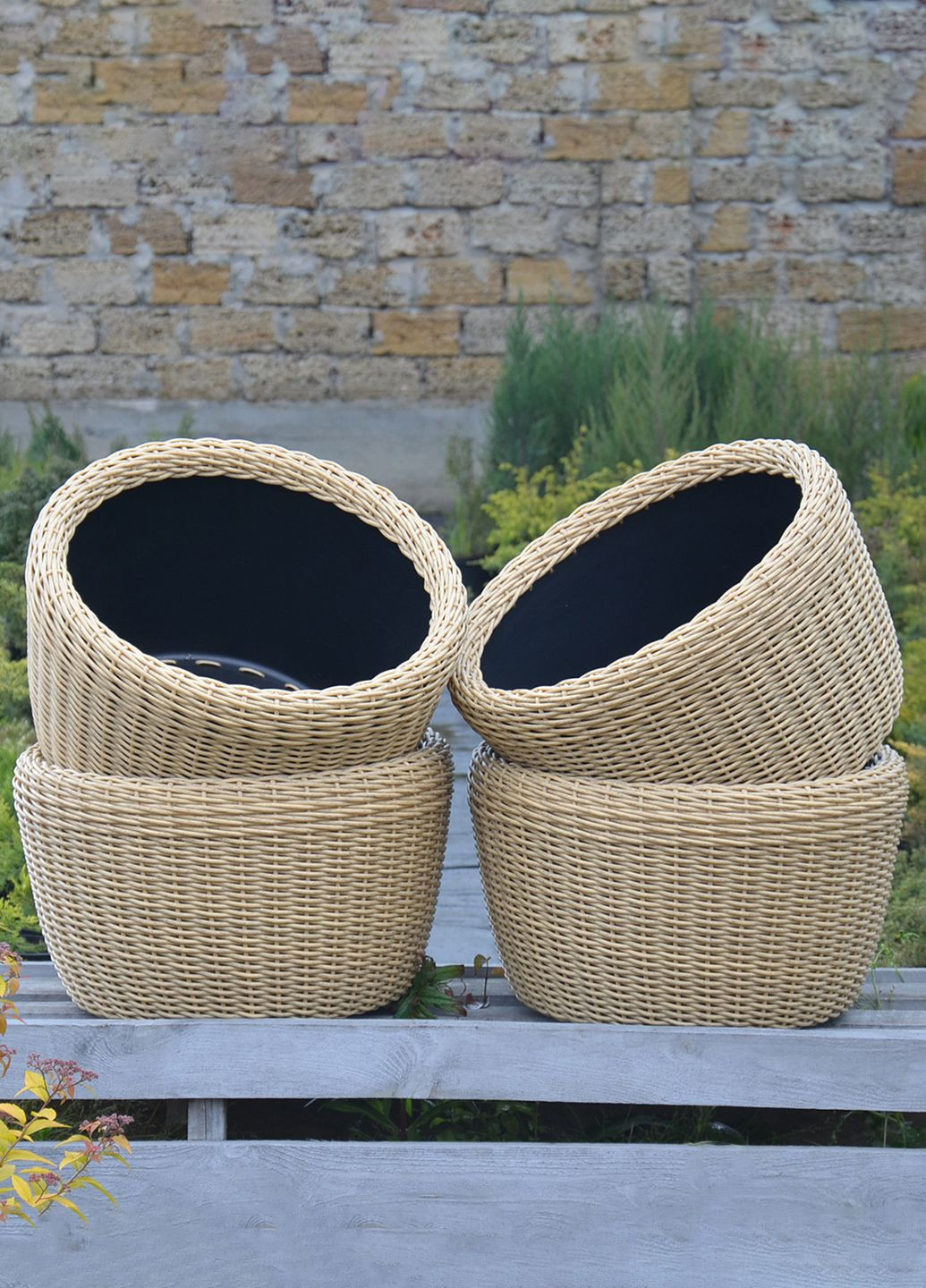 Кашпо велике 60 літрів (горщик для квітів та рослин), Вазон із штучного ротангу ручної роботи. Колір Світле дерево Handmade (329193714)