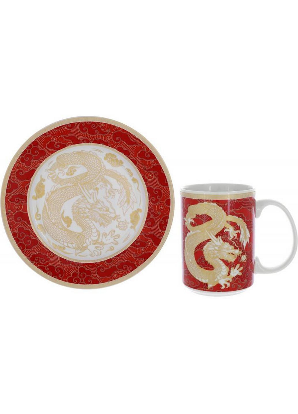 Чайна пара "золотий дракон на червоному" кружка, тарілка, порцеляна BonaDi (282590034)