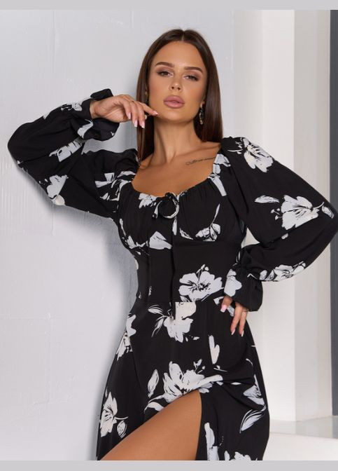 Черное повседневный стильное платье клеш No Brand с цветочным принтом