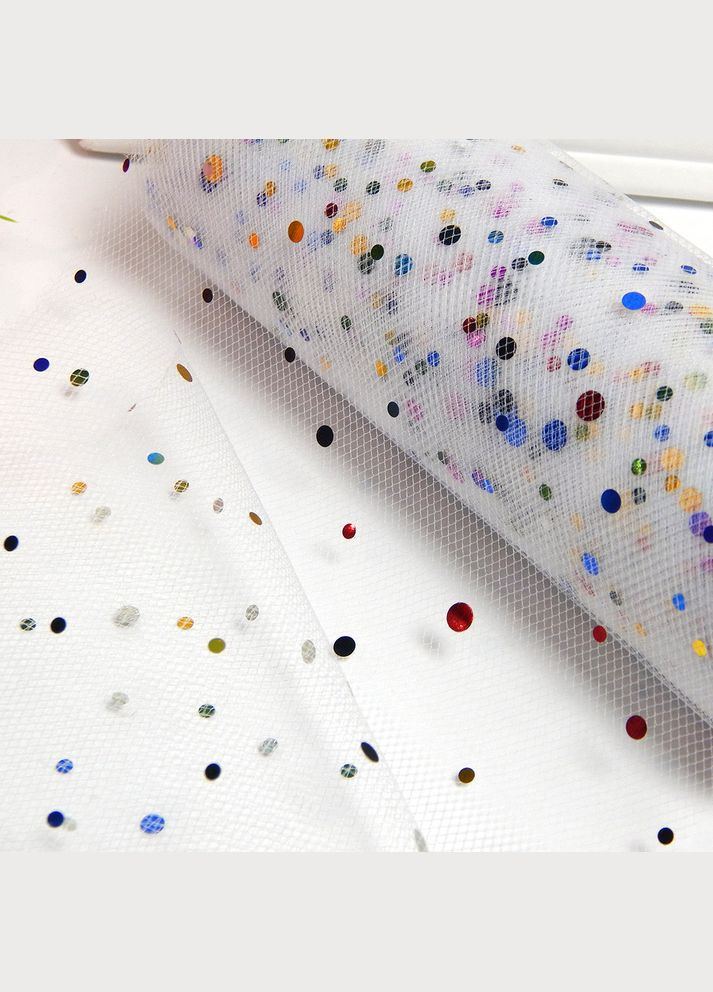 Фатин з блиском, сітчаста стрічка, 15 см, кольоровий горошок, білий No Brand (340486891)