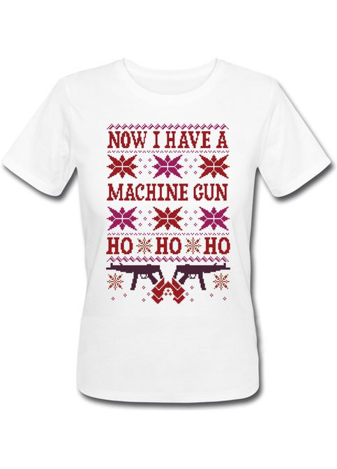 Белая летняя женская новогодняя футболка now i have a machine gun (белая) Fat Cat