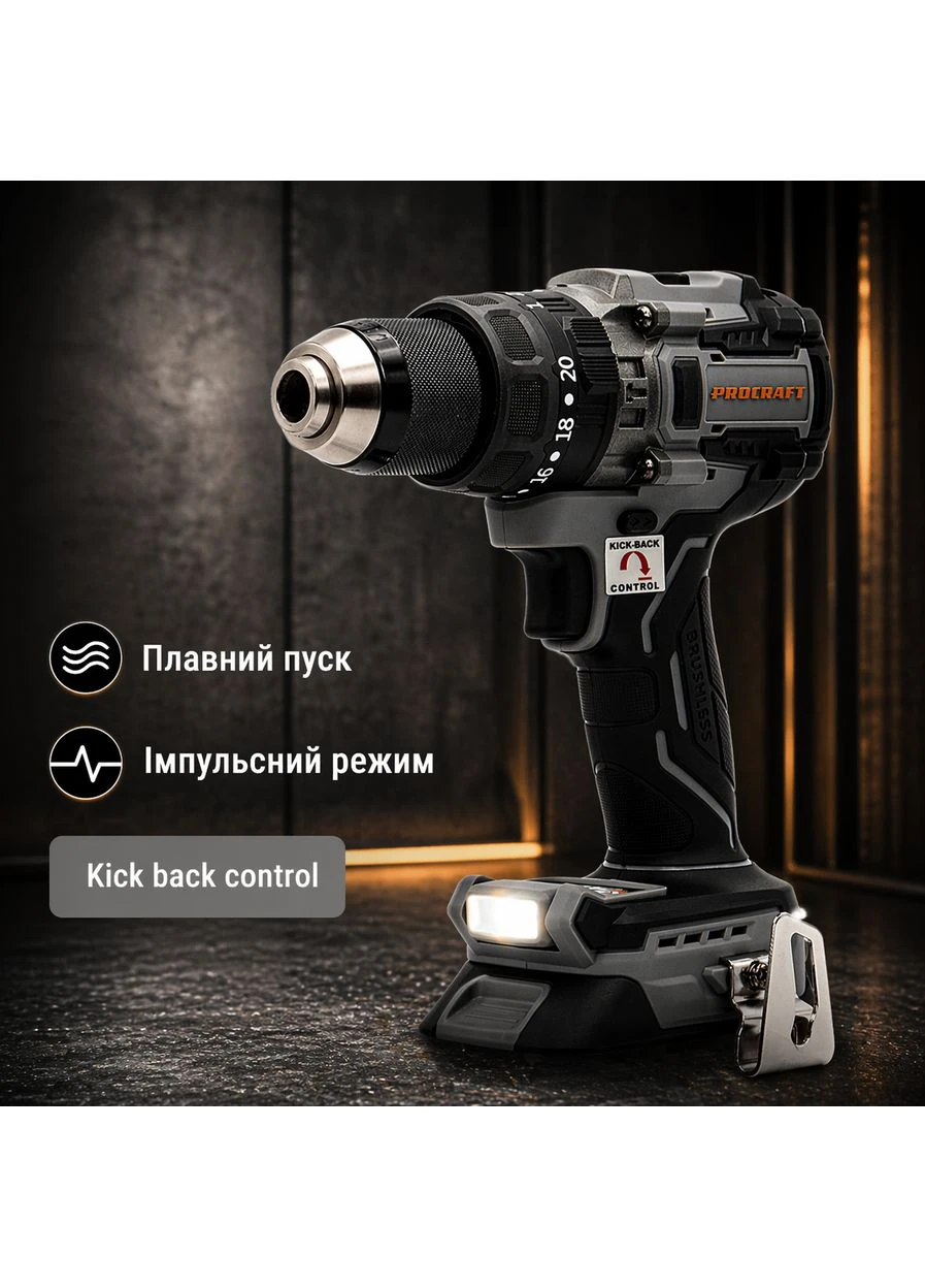 Акумуляторний ударний шуруповерт Industrial CD20A (1 АКБ + ЗП) — 20В, 85 Нм, безщітковий, ECO/TURBO, 3 режими ProCraft (392391767)