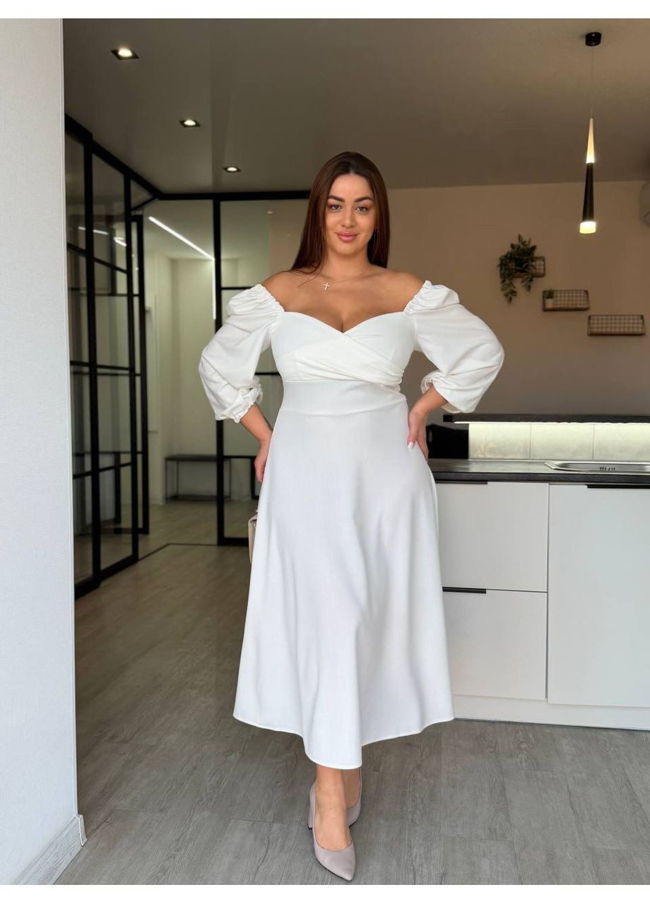 Білий святковий, коктейльна, вечірня сукня міді з романтичними рукавами-ліхтариками Vakko однотонна