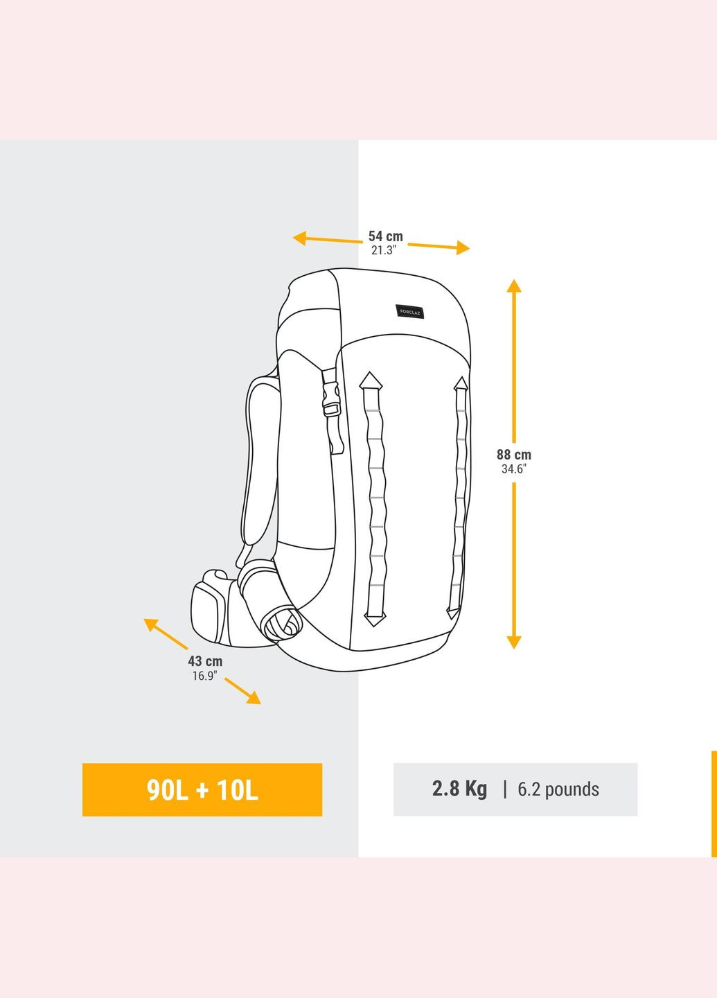 Туристичний Рюкзак для Трекінгу Trek 900 (90л + 10л) 88 x 54 x 43см Хакі FORCLAZ (342966915)