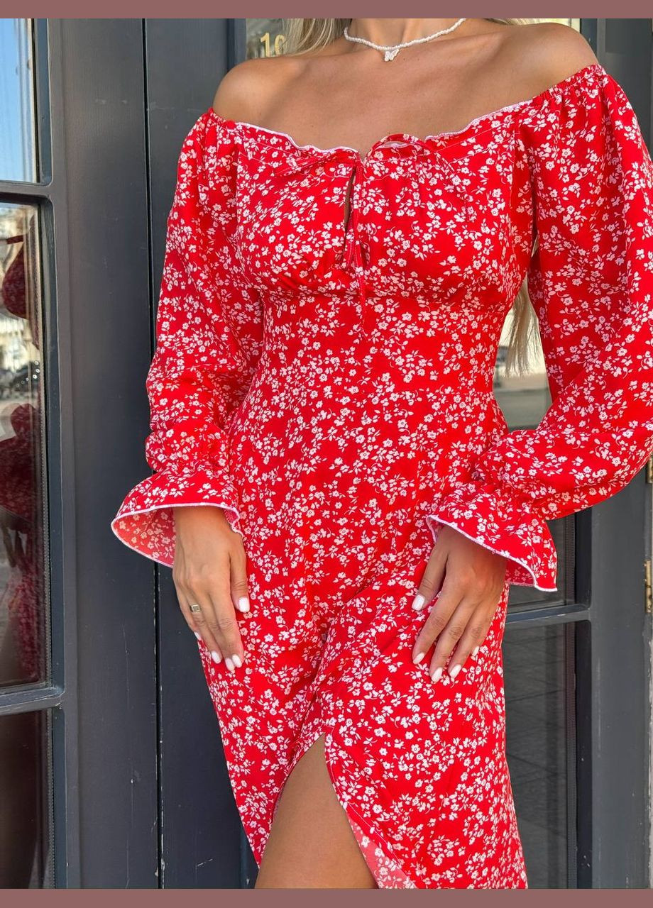 Красное универсальное платье меди красного цвета 33769 а-силуэт No Brand с цветочным принтом