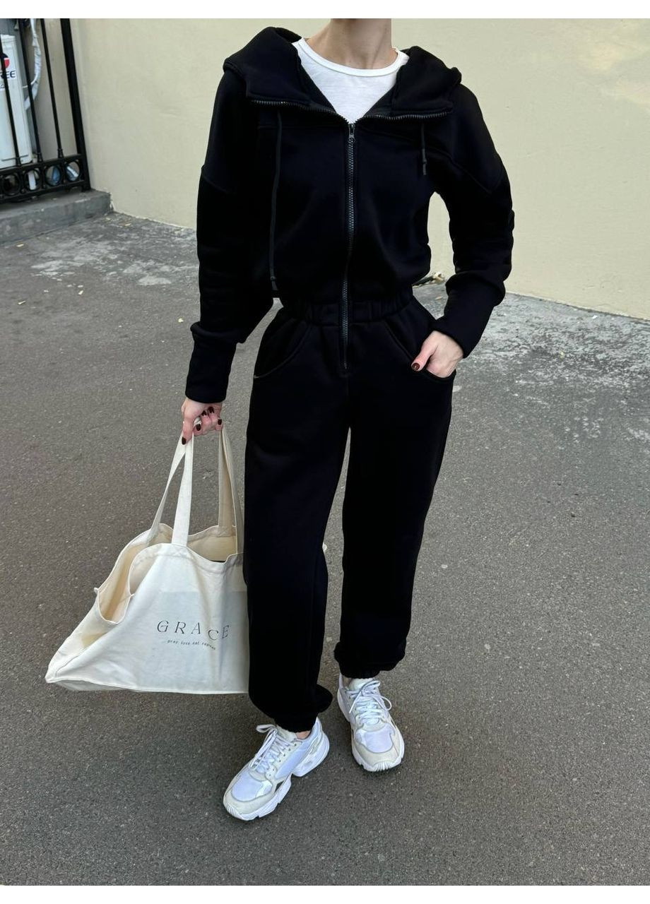 Женский теплый комбинезон FINO Mode комбинезон-брюки чёрный спортивный, повседневный, кэжуал трехнитка с начесом