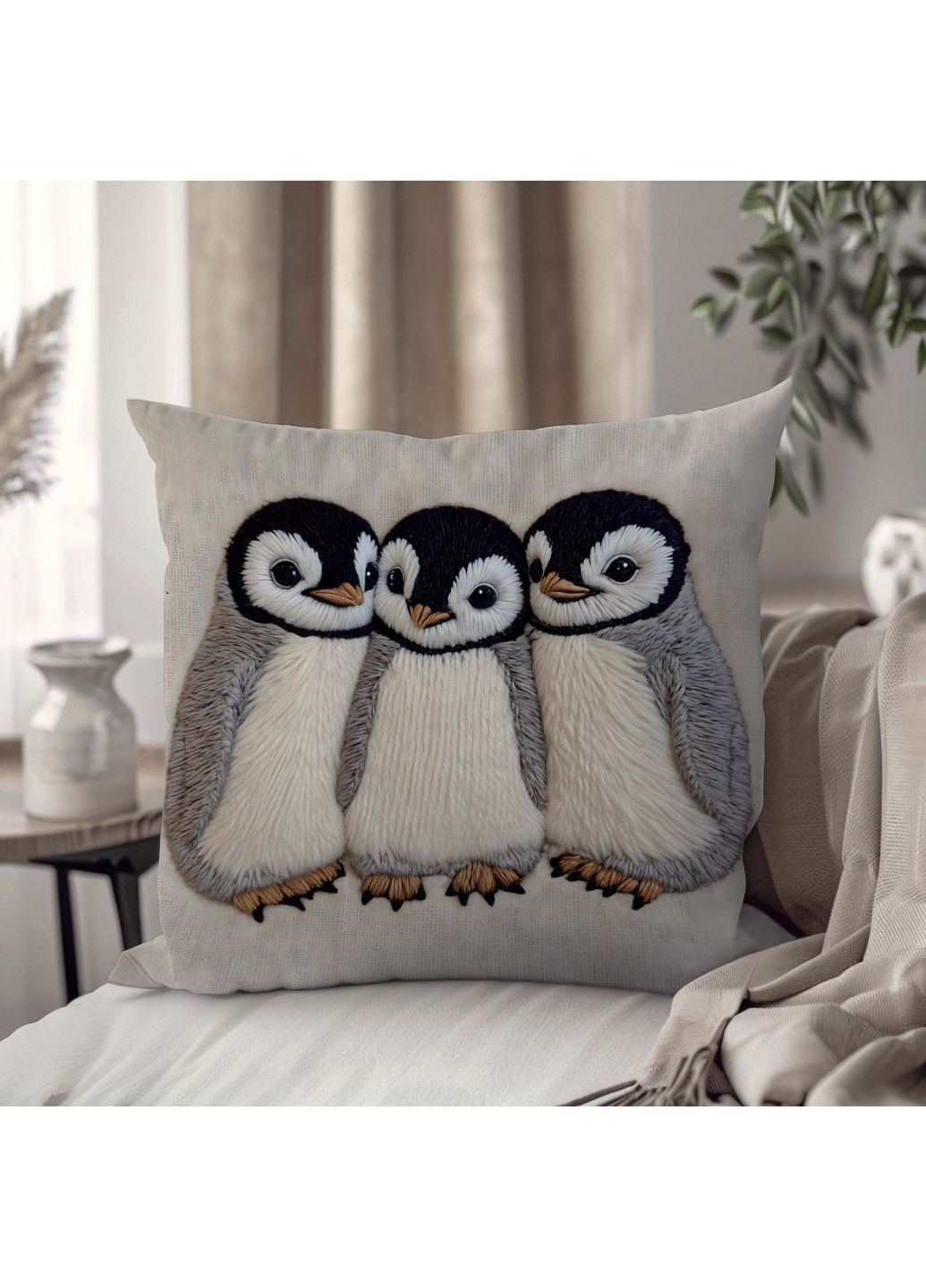 Подушка декоративная с принтом пингвинов, стильный аксессуар для гостиной 45×45 см 1322245UA WONKEY (362732360)