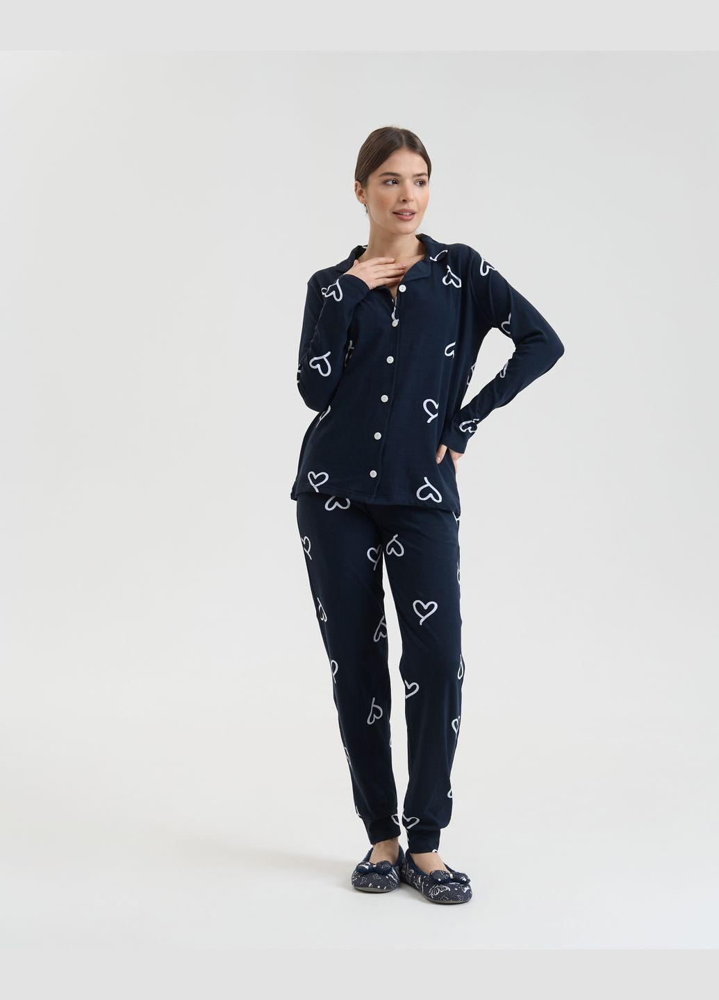 Темно-синяя пижама женская на пуговицах со штанами Nicoletta