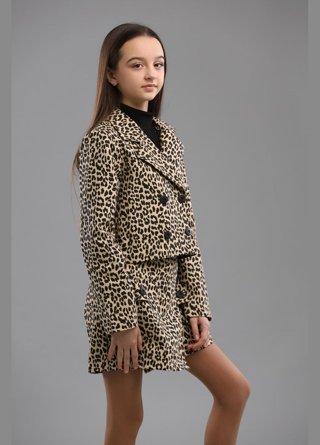 Коричневый демисезонный леопардовый костюм (пиджак, юбка) подростковый юбочный IRmAS