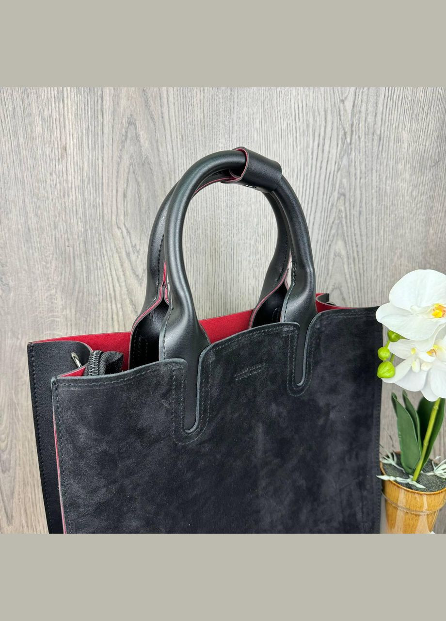 Замшевая женская сумка большая черная, женская сумочка из натуральной замши и эко кожа No Brand (334731130)