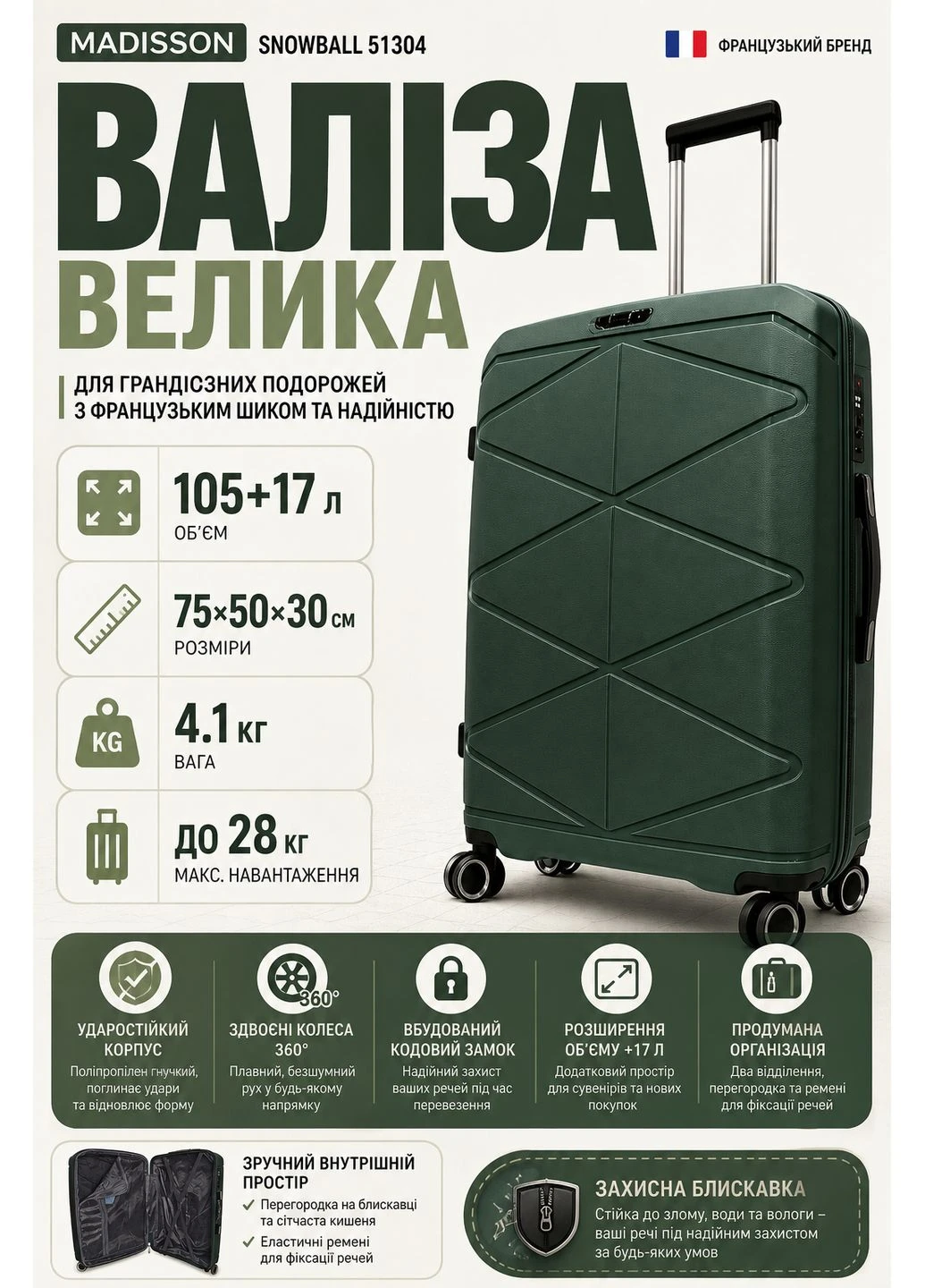 Валіза велика Madisson 51304 поліпропілен 75х50х30 см 105+17 л Snowball (403348132)