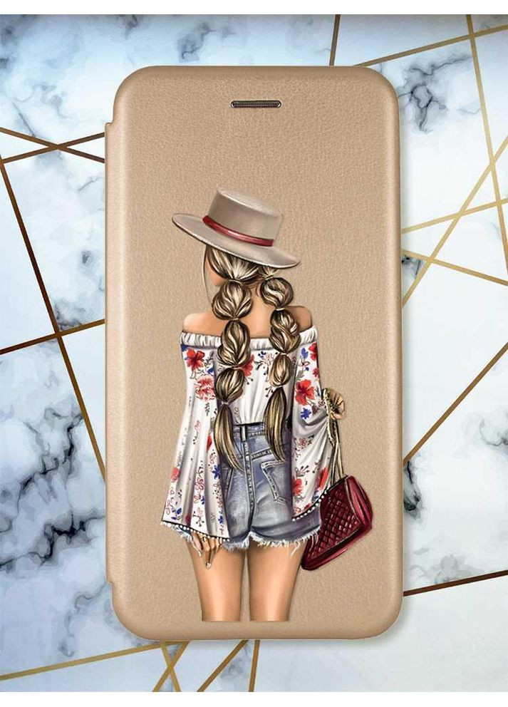 Чохол-книжка золотий з малюнком на Xiaomi Redmi Note 14 4G Дівчина в капелюшку (принт 8) Creative (356123389)