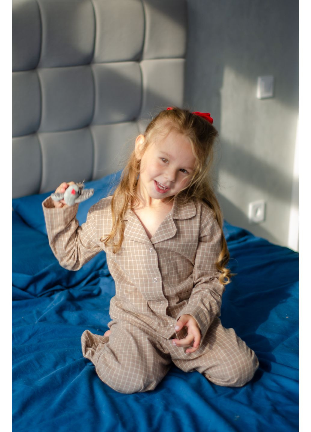 Бежева зимня дитяча бавовняна піжама у клітинку бежева сорочка + брюки PAPLYK