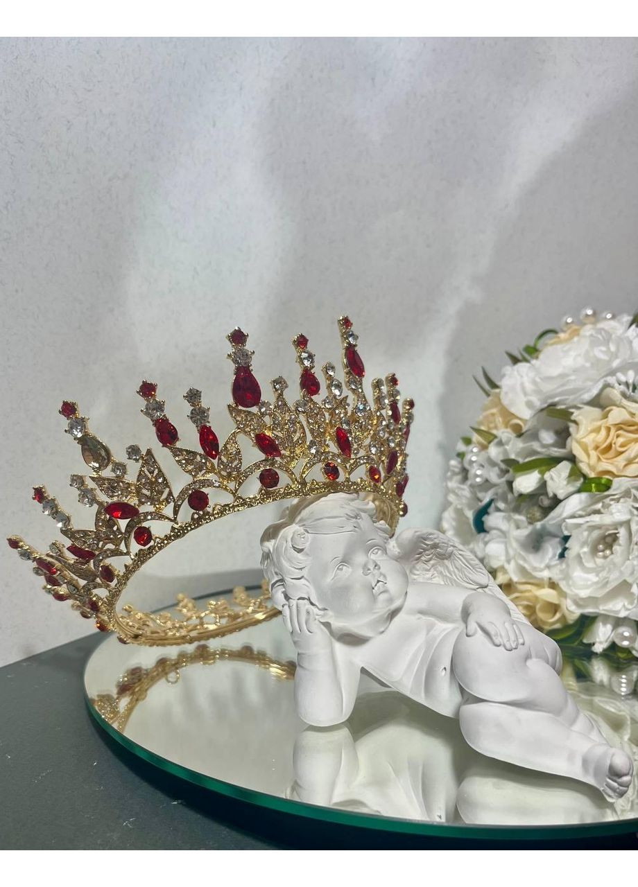 Корона з червоним камінням Swarovski Золото 12.5х7.5 см Кругла корона для нареченої Прикраса на голову No Brand (369162563)