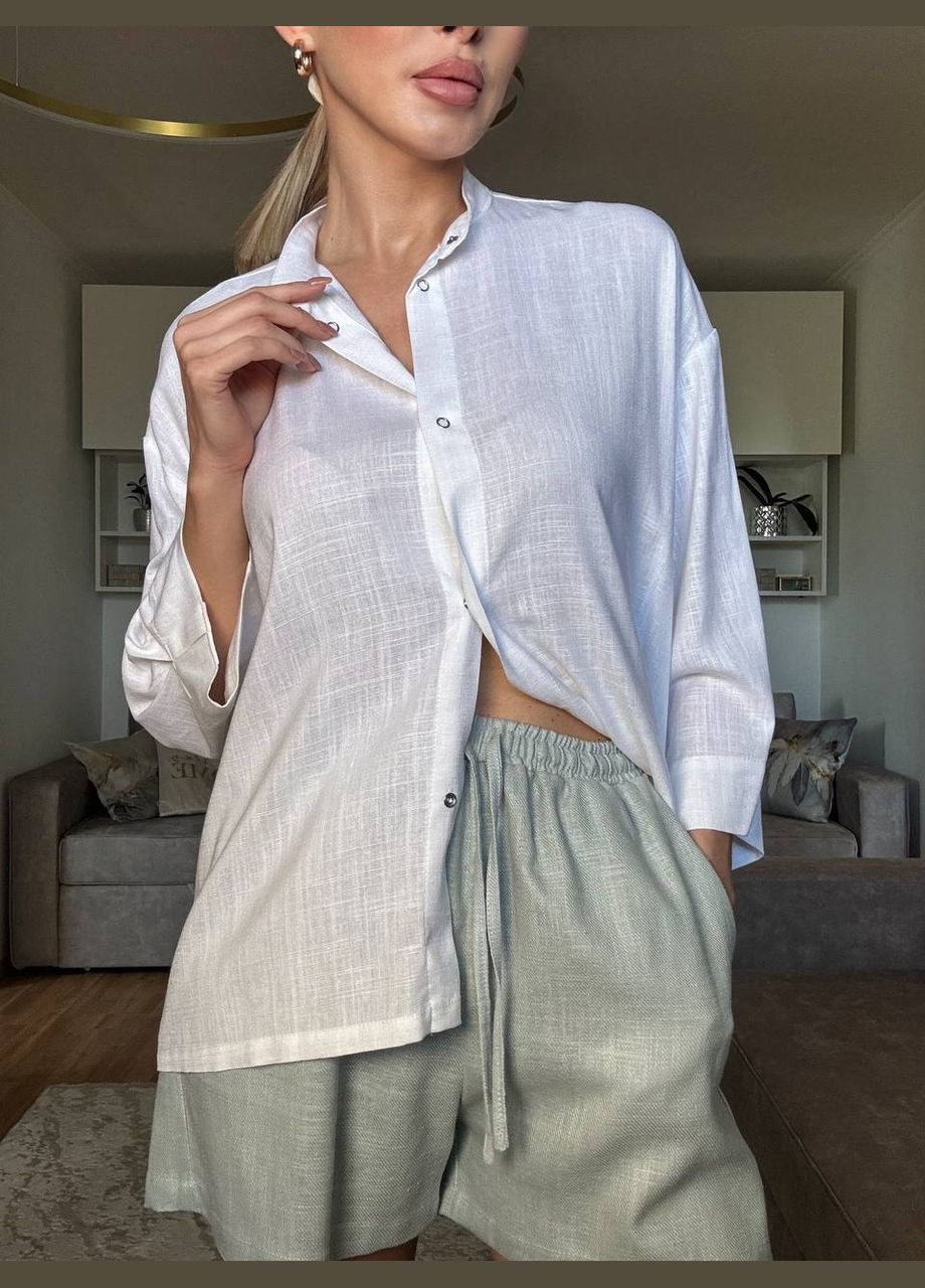 Біла всесезон жіночий піжамний комплект (сорочка з льону і шорти з кропиви)шалфей сорочка + шорти PAPLYK