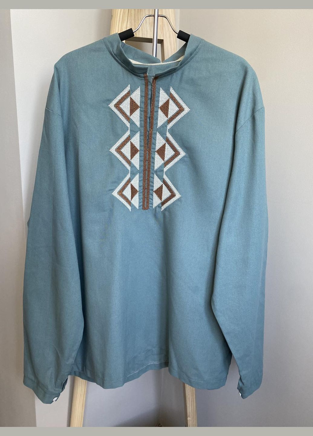 Мятная вышиванка льняная мужская, украинская вышиванка с длинным рукавом узор орнамент приталенная, свободная, прямой лен (317206522)