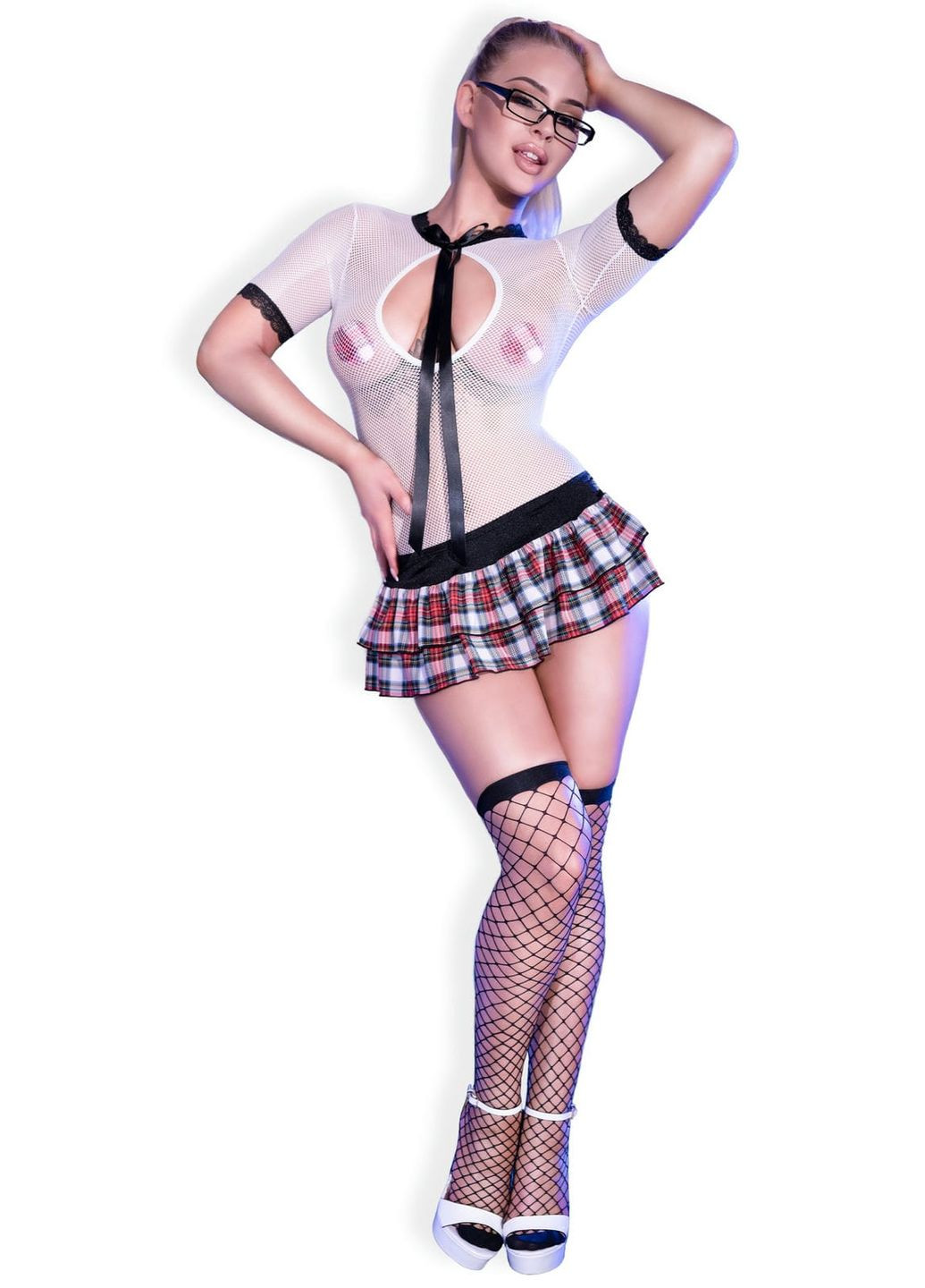 Эротический игровой костюм (боди из белой сеточки, короткая юбка, наклейки на грудь, очки, чулки) Chilirose (291847360)