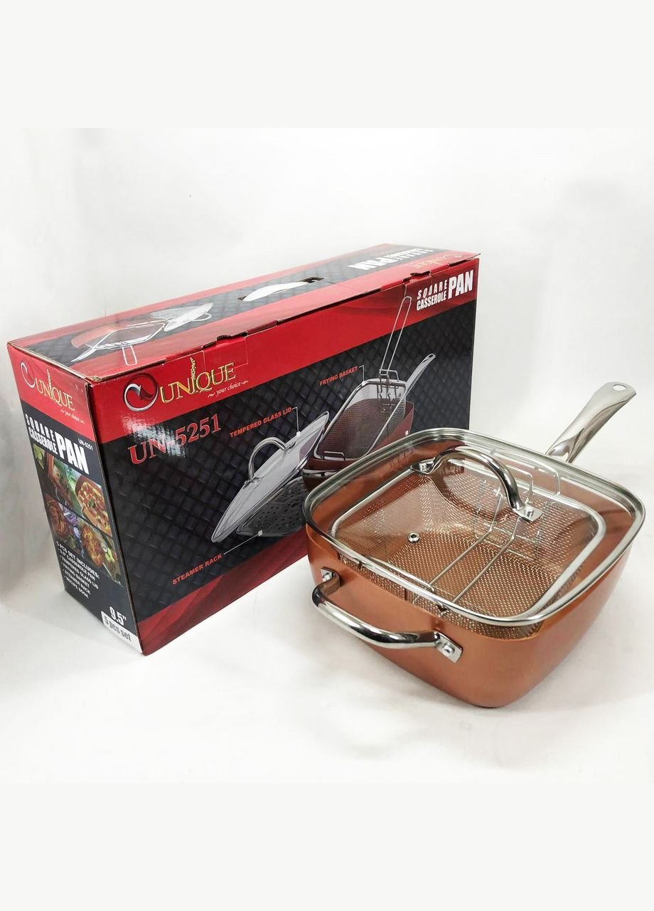 Сковорода-фритюрниця UN-5251 квадратна антипригарна з пароваркою та каструлею + скляна кришка 24 см Unique (364663687)
