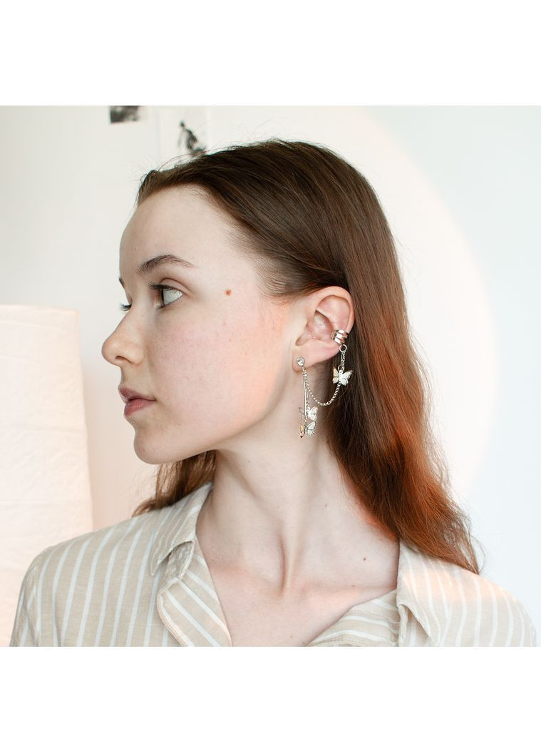 Серьга с каффой на цепи пуссет с несколькими кавай бабочками клипса современный корейский серебристый на ухо coquette лолита No Brand (366237410)