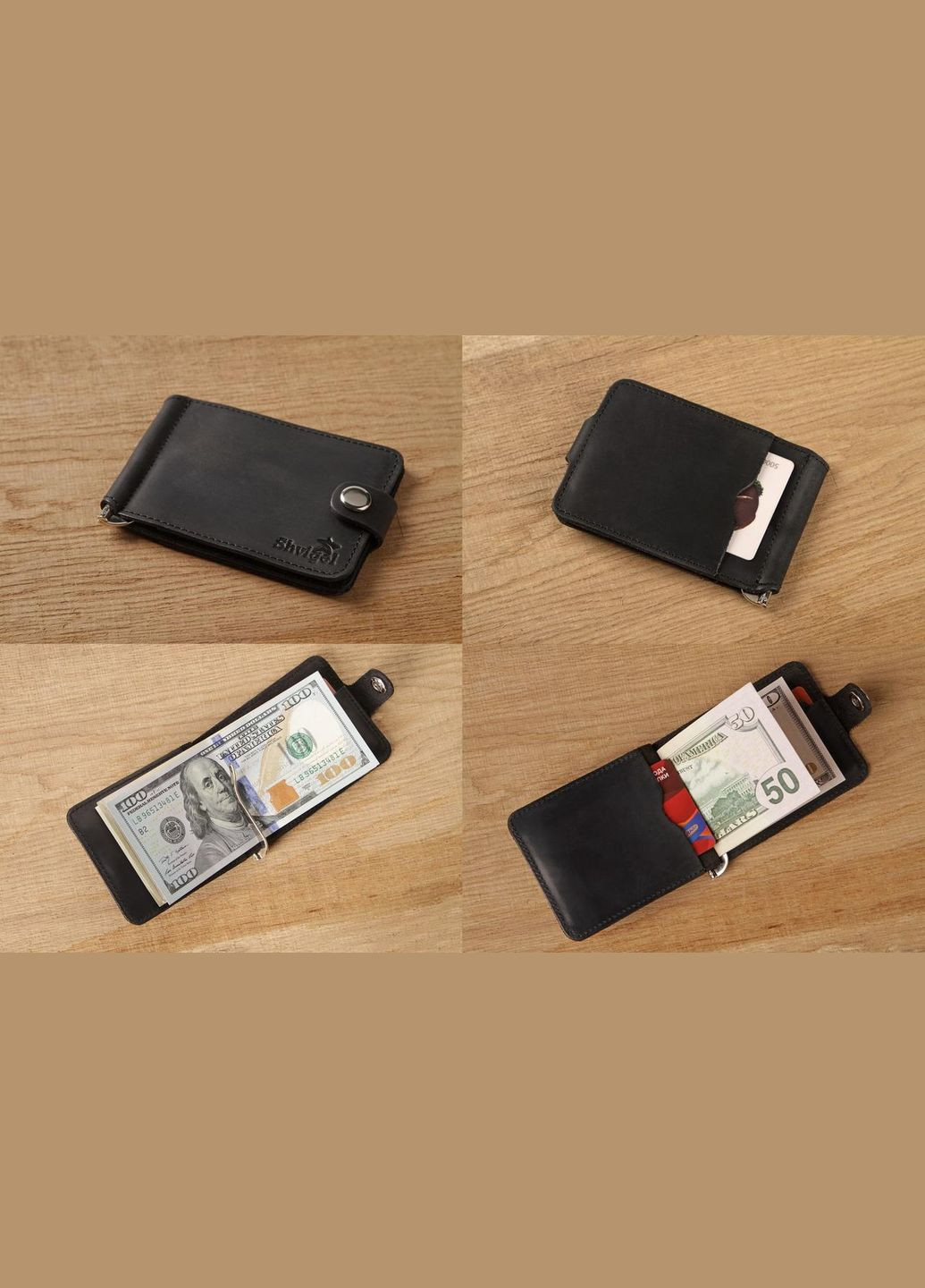 Затискач для купюр 13787 з вінтажній шкіри Чорний Shvigel (317276242)