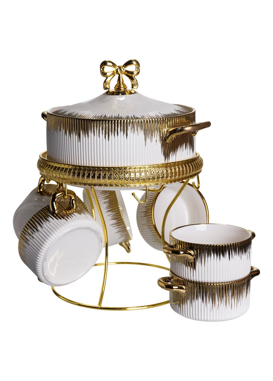 Суповий сервіз на 6 персон супниця 2 (л) на підставці з бульйонницями 400 (мл) тарілки для супу Білий із золотом FM-A23-2 Yiwu (371346032)