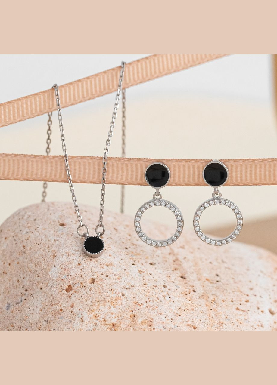 Комплект срібний День-Ніч сережки пусети й кольє з чорною емаллю Каштан (342334740)