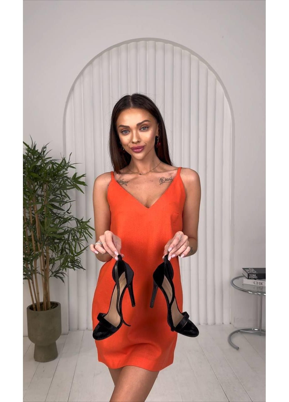 Коралловое платье из льна на тонких бретелях мини s m коралловый No Brand