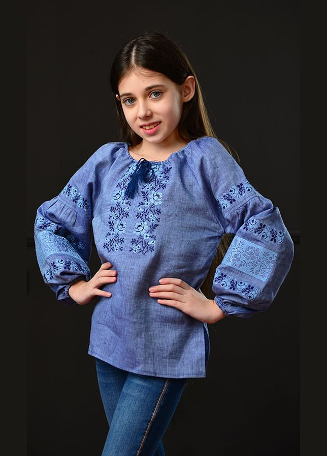 Синя вишиванка для дівчинки vishivano4ka 918-9 візерунок квітковий бавовна (307151043)