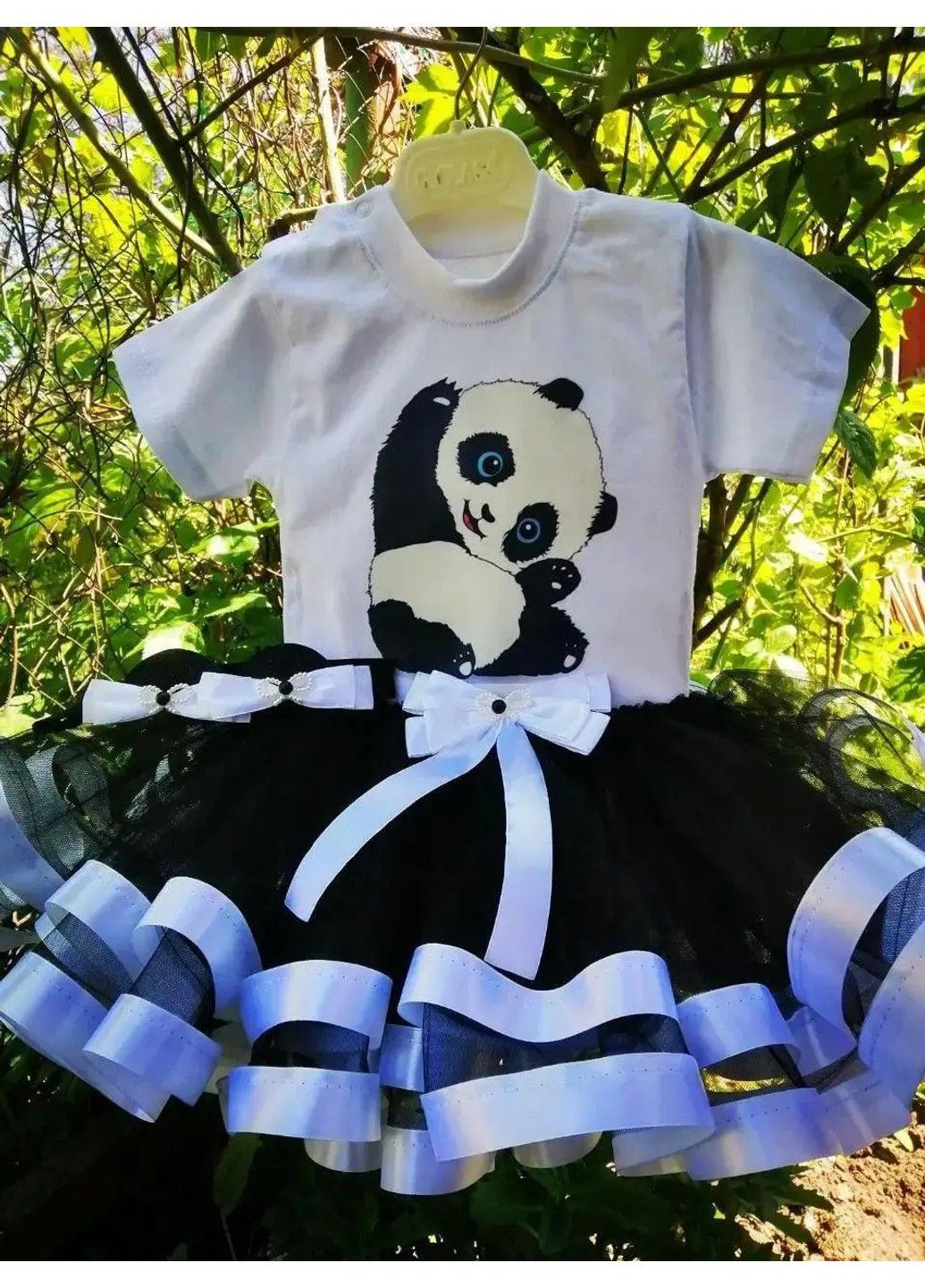 Белый нарядный костюм для девочки "панда" - футболка, юбка, обруч юбочный No Brand