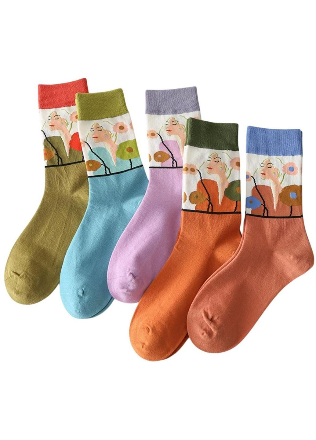 Комбинированные носки женские высокие, хлопковые, р. 35–40, яркие с рисунком девушки, набор 5 штук, разноцветные (336386278)