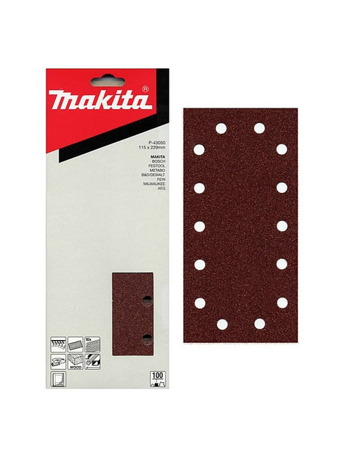 Набор шлифовальной бумаги на липучке P43050 (115х229 мм, 14 отверстий, К100, 10 шт) шлифбумага шлифлисты с перфорацией (6974) Makita (271985812)