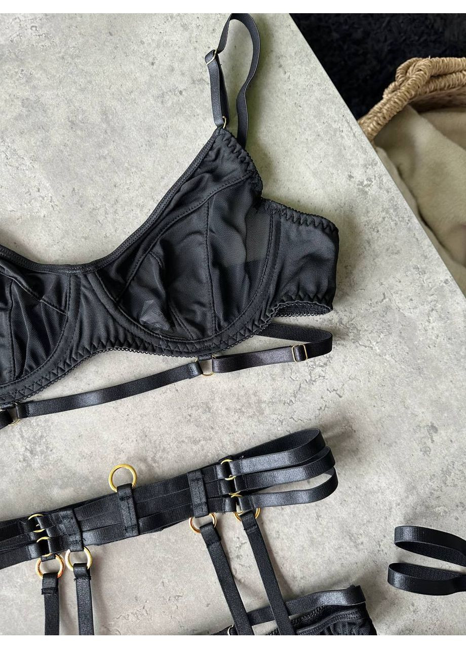 Чорний балконет комплект жіночої білизни | приваблюючий з поясом та гартерами, чорний Vital-Textile з кісточками поліестер, еластан