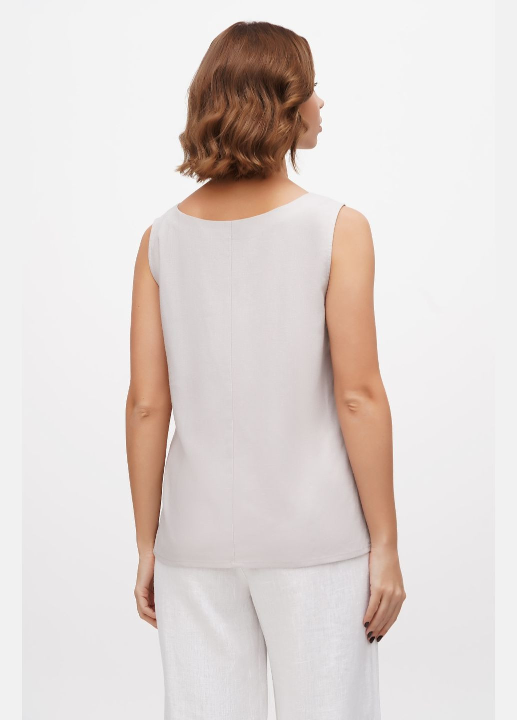 Серая женская блуза из тонкого полульна без рукавов однотонная без вышивки норма. черный, р.44, код 9425/44/147 ГАЛЕРЕЯ ЛЬОНУ