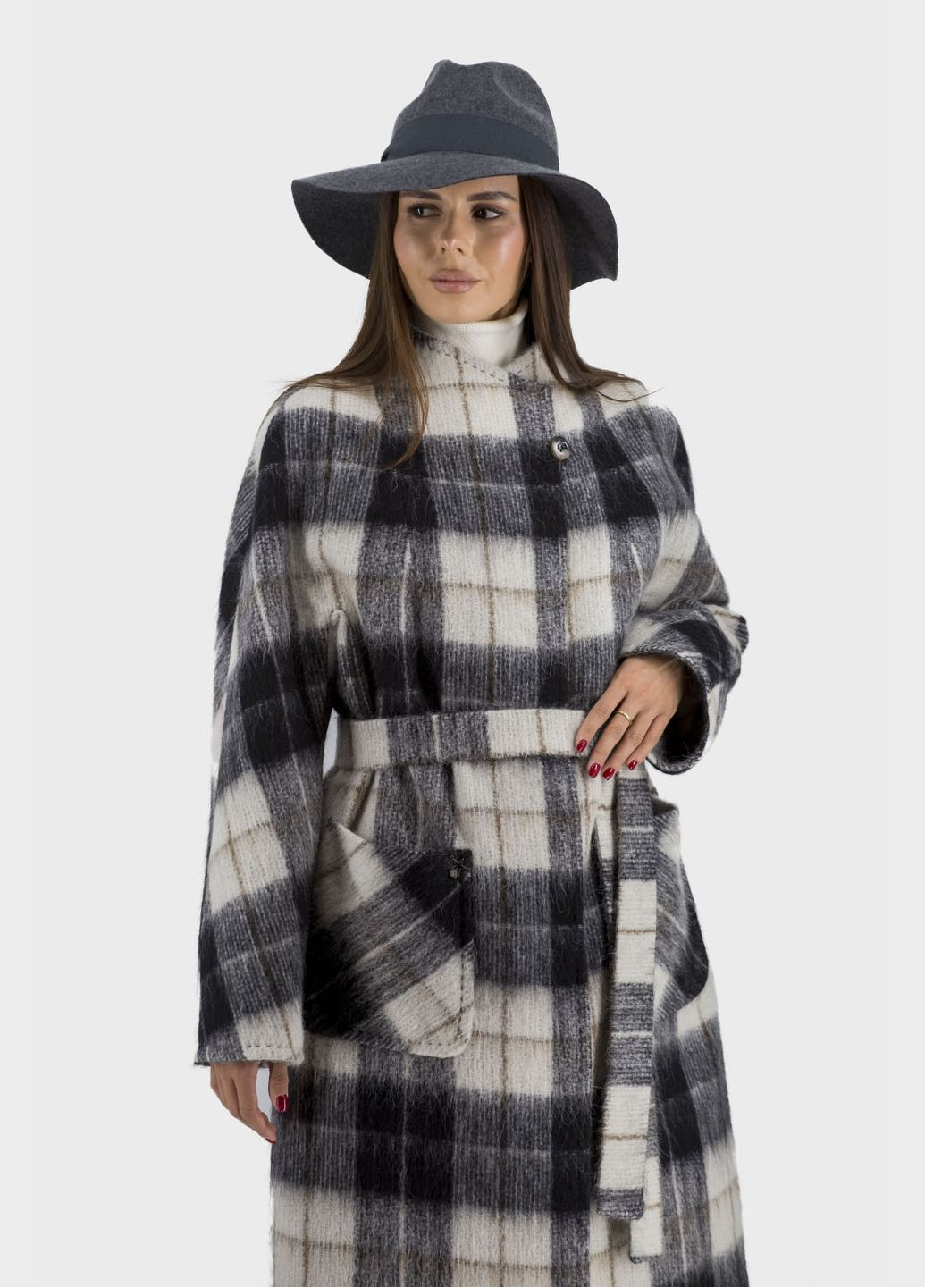 Комбіноване демісезонне Жіноче вовняне пальто в клітинку з поясом та накладними кишенями Stella Polare (чорний/білий, ), 27392 No Brand