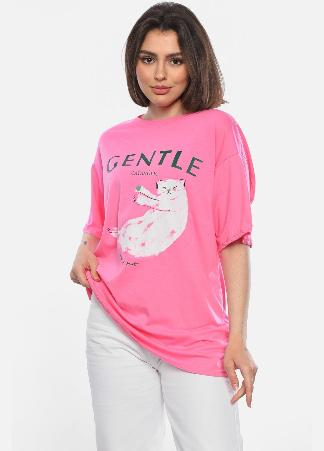 Розовая летняя футболка женская полубатальная розового цвета Let's Shop
